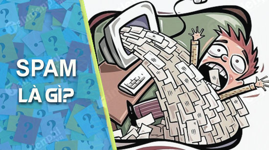 Hình ảnh minh họa khái niệm spam với biểu tượng email và chữ SPAM, thể hiện sự đầy ắp thư rác phiền toái