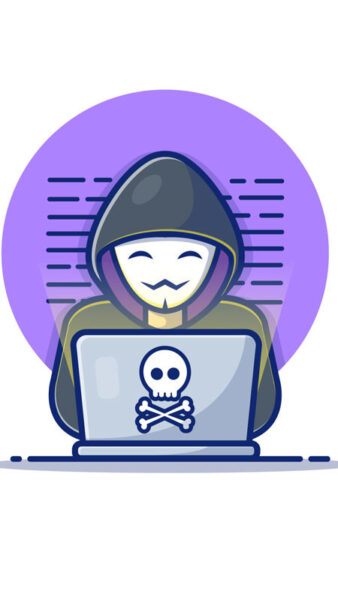 Hình nền hacker chibi với mặt nạ, đang ngồi trước màn hình code