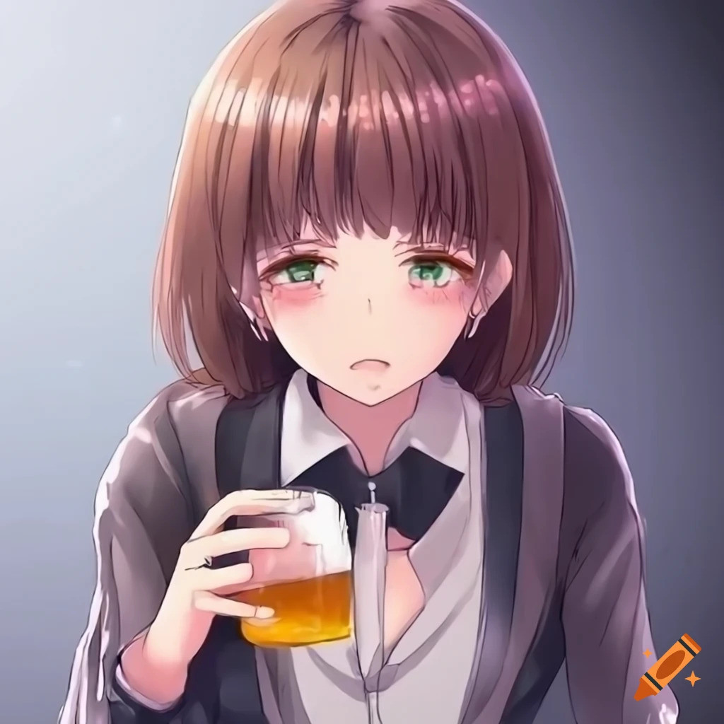 Hình vẽ cô gái uống bia với phong cách anime, thể hiện cảm xúc buồn