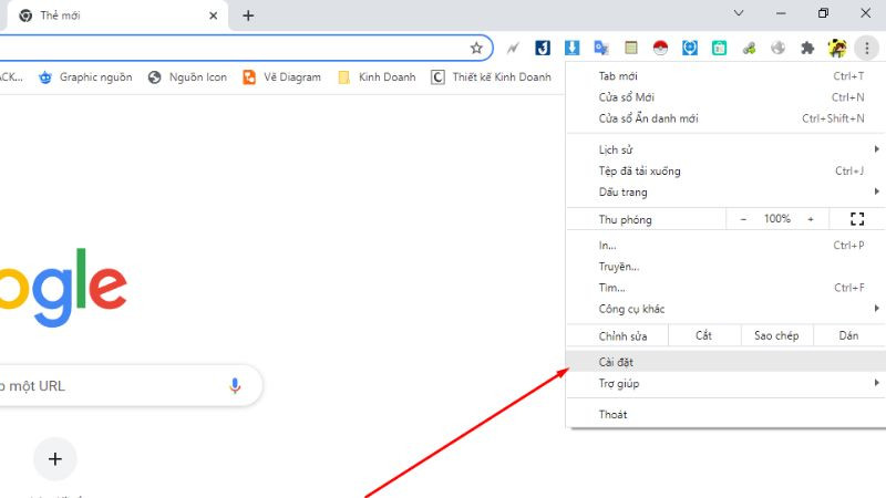 Mở menu cài đặt của trình duyệt Chrome