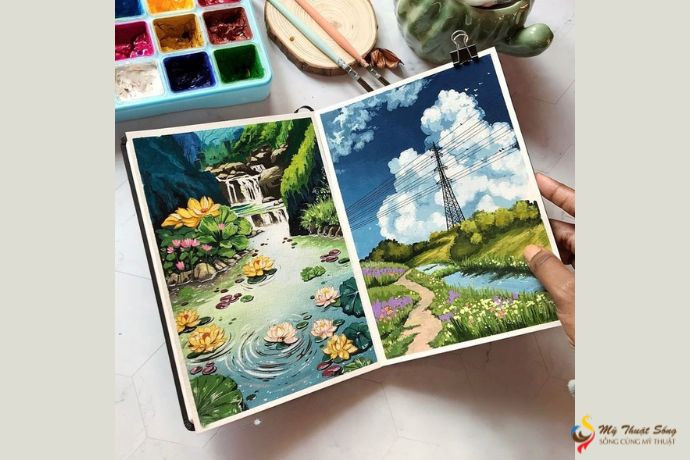 Một bức tranh minh họa với màu gouache thể hiện độ che phủ và màu sắc sống động