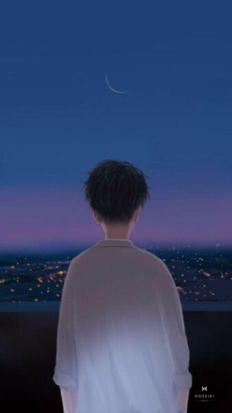 Một người ngồi trên cầu thang, nhìn ra xa, thể hiện sự cô độc và tâm trạng trầm lắng