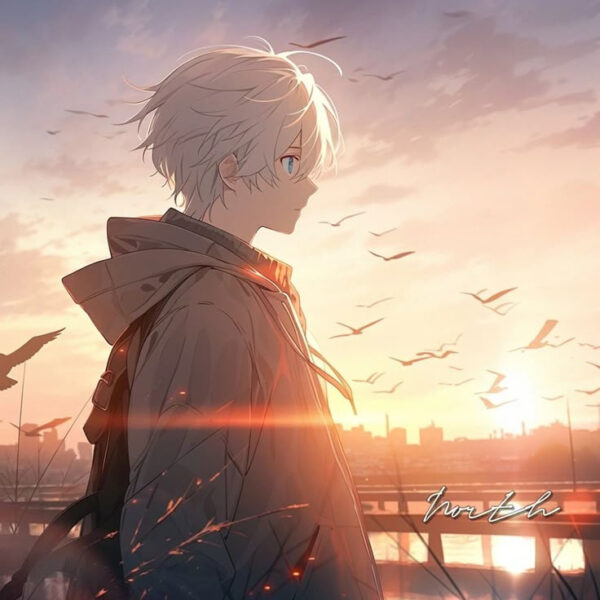 Nhân vật anime nam lạnh lùng đứng nhìn về phía chân trời lúc hoàng hôn