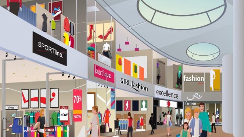 Nội thất hiện đại của một trung tâm thương mại, minh họa cho không gian mua sắm rộng rãi và chuyên nghiệp của Modern Trade.