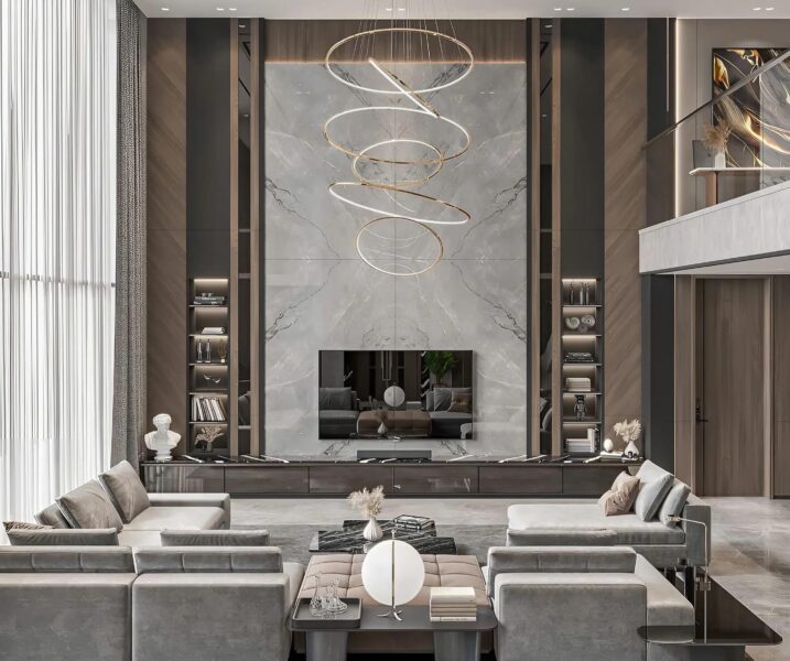 Nội thất phòng khách sử dụng màu nâu kết hợp màu beige tạo không gian sang trọng, ấm cúng.