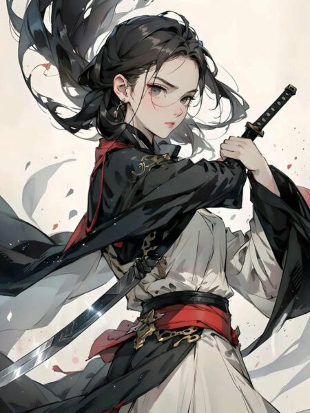 Nữ chiến binh anime cầm kiếm đứng trên vách đá