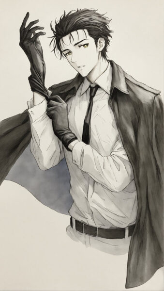 Okabe Rintaro trong bộ vest lịch lãm, khác hẳn thường ngày