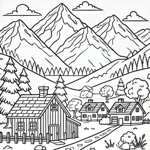 Trang tô màu phong cảnh đồi núi yên bình với những đường nét đơn giản