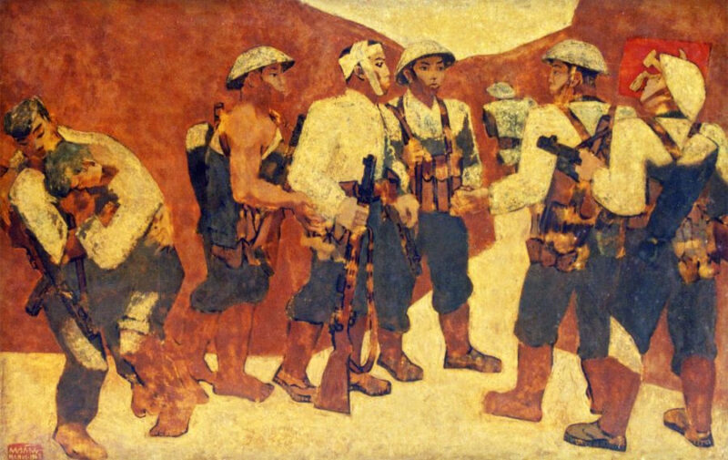 Tranh Nguyễn Sáng: Cảnh kết nạp Đảng tại Điện Biên Phủ