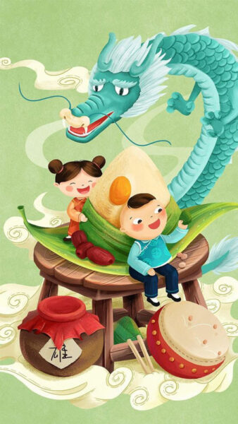 Tranh Tết vẽ rồng và trẻ em vui chơi