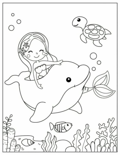Tranh tô màu cá heo bơi cùng nàng tiên cá dưới biển
