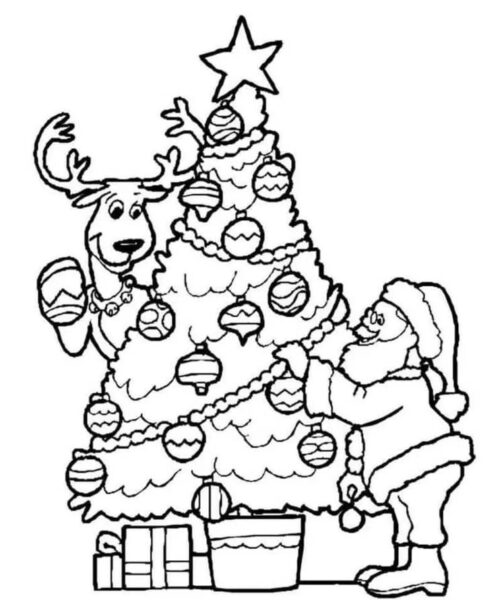 Tranh tô màu cây thông Noel có ông già Noel và tuần lộc