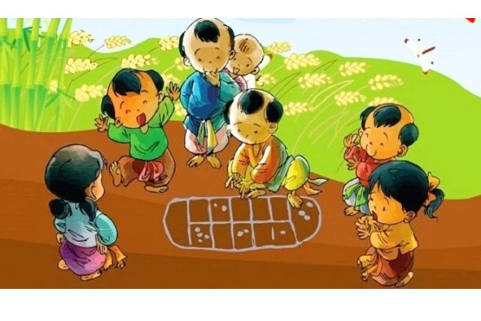 Trẻ em chơi rồng rắn lên mây, một trò chơi dân gian phổ biến, trong bức tranh vẽ sinh động không khí Tết.